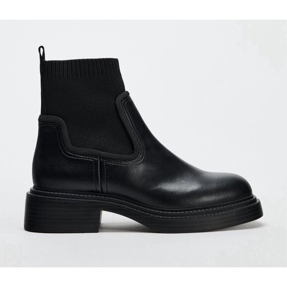 Zara Black Leather Black Ribbed Sock Ankle Boots Chelsea Women US 7.5 EUR 38 - Picture 2 of 15